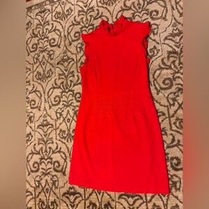 JB by Julie Brown nyc red sheath dress ruffled high neckline cap sleeves